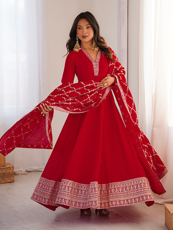 Red Fancy Lace Work Vichitra Silk Anarkali Gown With Dupatta