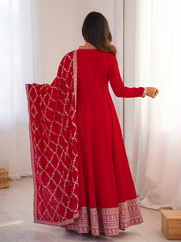 Red Fancy Lace Work Vichitra Silk Anarkali Gown With Dupatta