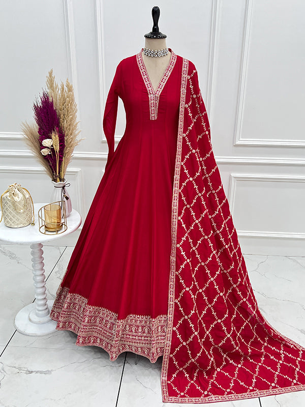 Red Fancy Lace Work Vichitra Silk Anarkali Gown With Dupatta