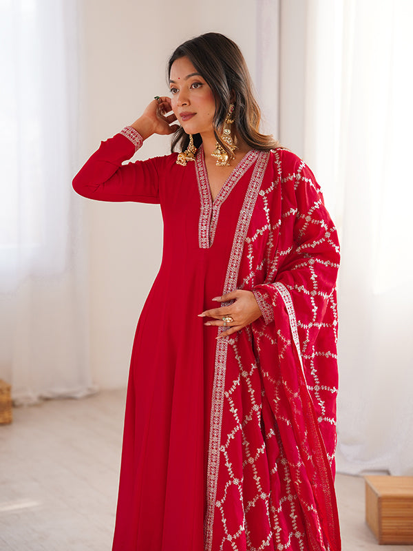 Red Fancy Lace Work Vichitra Silk Anarkali Gown With Dupatta