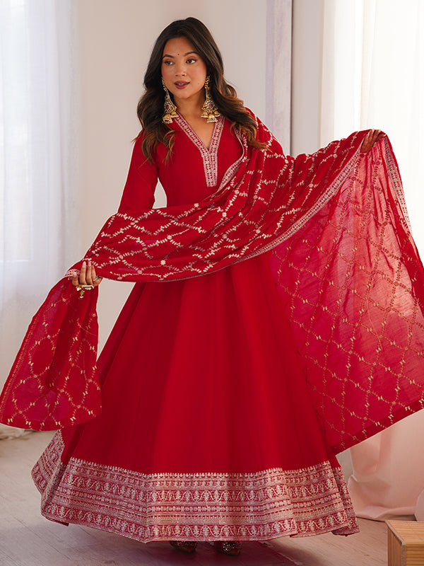 Red Fancy Lace Work Vichitra Silk Anarkali Gown With Dupatta