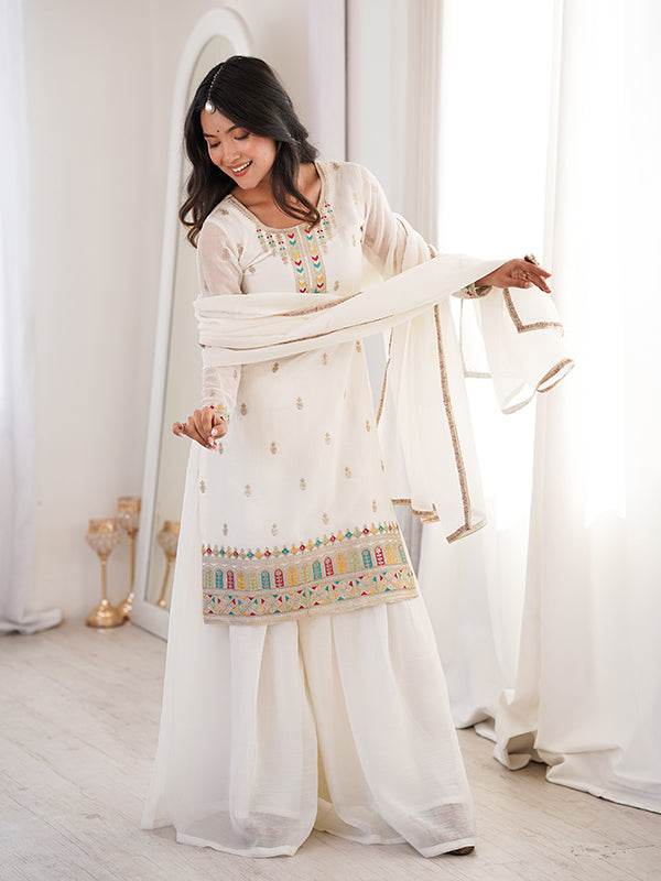 White Thread Jari Work Crunchy Silk Top Sharara With Dupatta