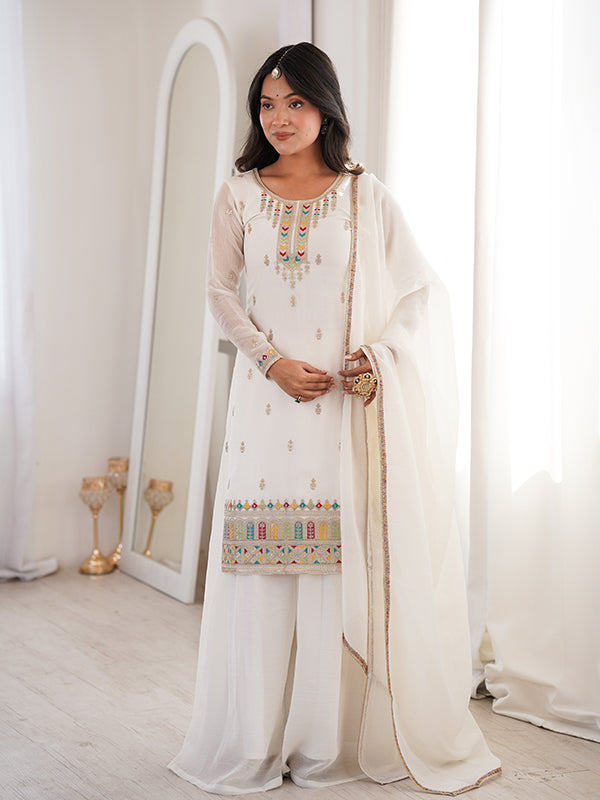 White Thread Jari Work Crunchy Silk Top Sharara With Dupatta