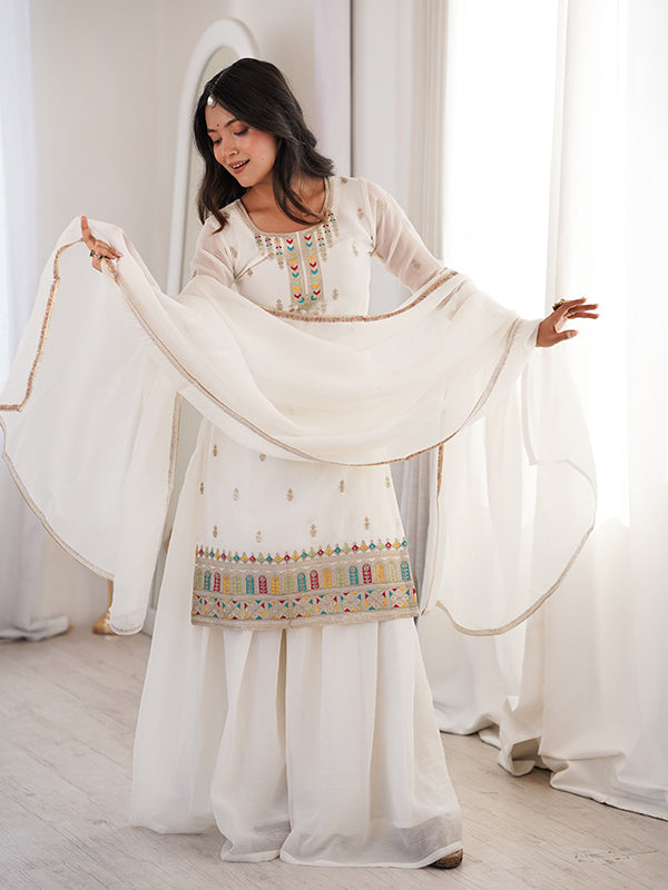White Thread Jari Work Crunchy Silk Top Sharara With Dupatta