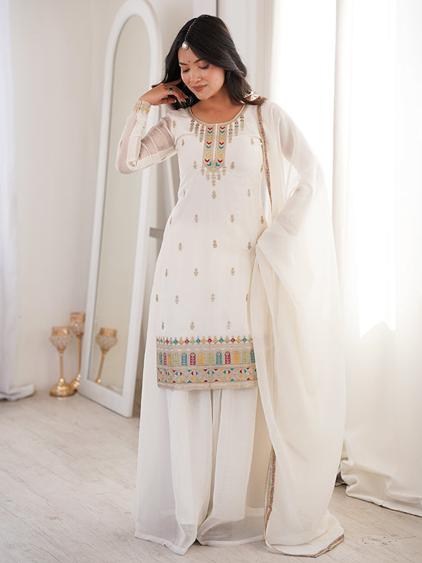 White Thread Jari Work Crunchy Silk Top Sharara With Dupatta