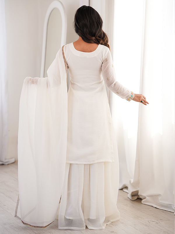 White Thread Jari Work Crunchy Silk Top Sharara With Dupatta