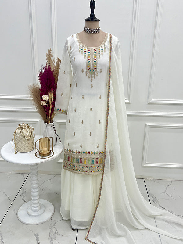 White Thread Jari Work Crunchy Silk Top Sharara With Dupatta