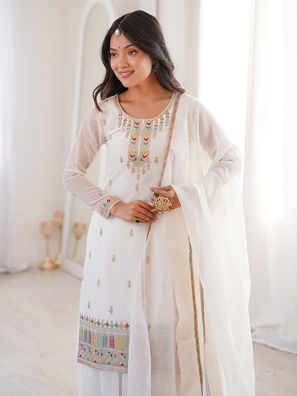 White Thread Jari Work Crunchy Silk Top Sharara With Dupatta