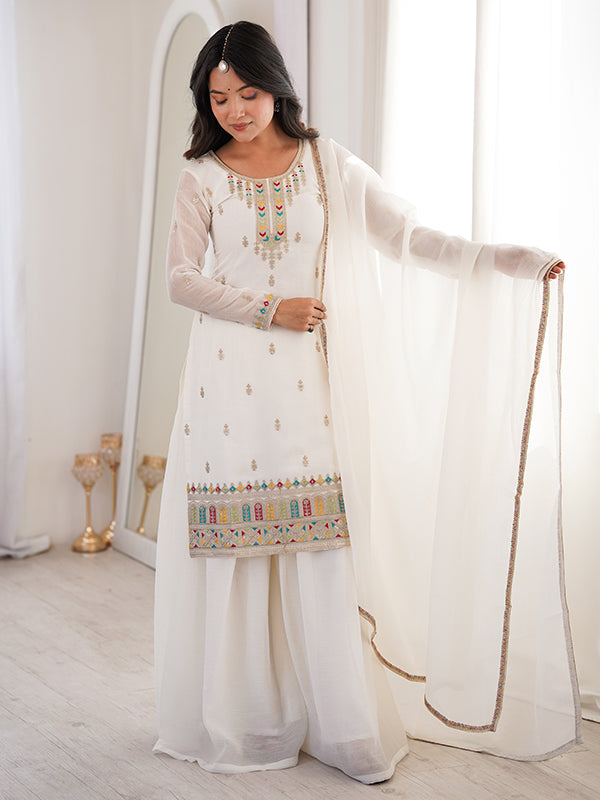 White Thread Jari Work Crunchy Silk Top Sharara With Dupatta