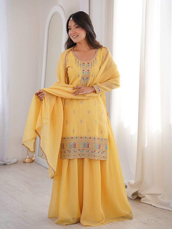 Yellow Thread Jari Work Crunchy Silk Top Sharara With Dupatta