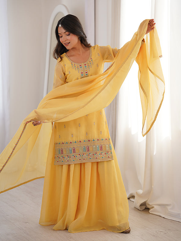 Yellow Thread Jari Work Crunchy Silk Top Sharara With Dupatta
