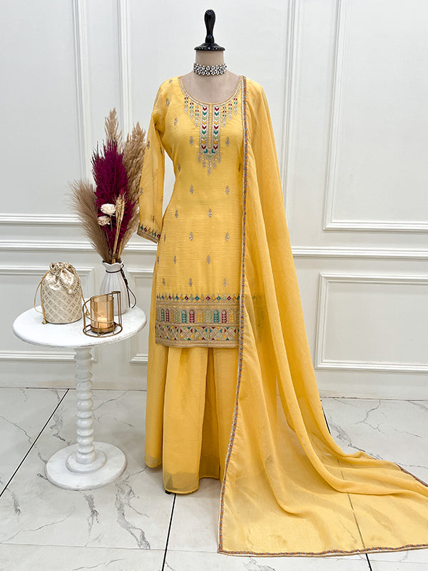 Yellow Thread Jari Work Crunchy Silk Top Sharara With Dupatta