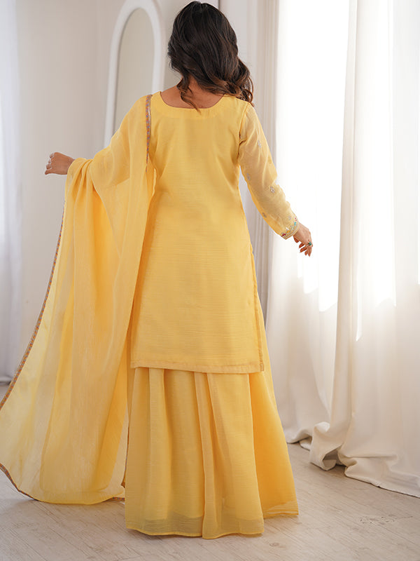Yellow Thread Jari Work Crunchy Silk Top Sharara With Dupatta