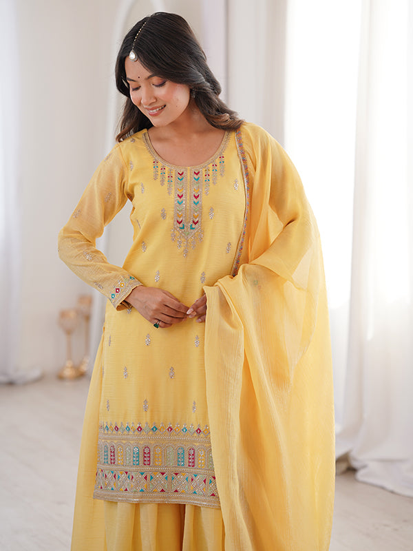 Yellow Thread Jari Work Crunchy Silk Top Sharara With Dupatta