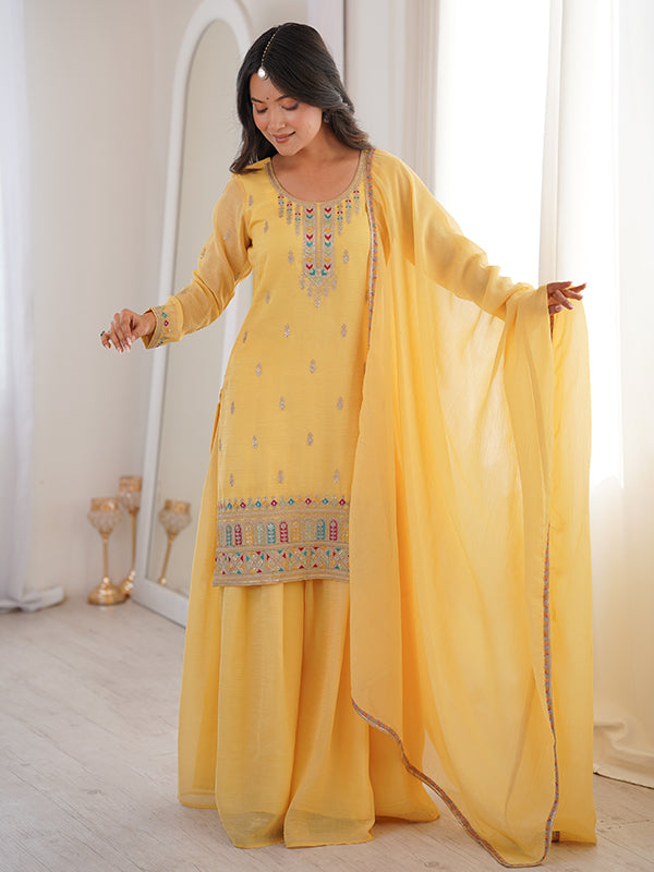 Yellow Thread Jari Work Crunchy Silk Top Sharara With Dupatta