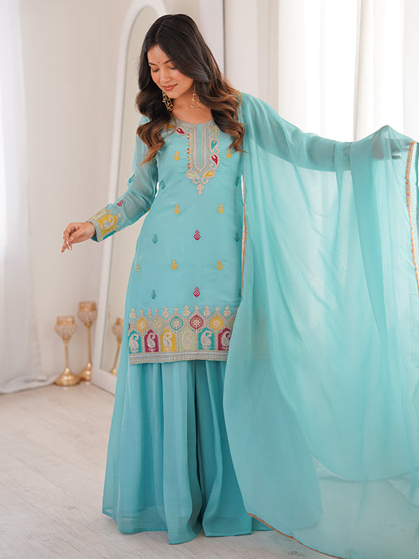 Sky Blue Thread Sequence Work Crunchy Silk Top Sharara With Dupatta