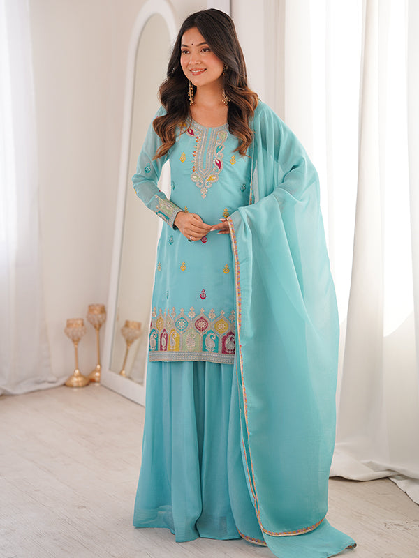 Sky Blue Thread Sequence Work Crunchy Silk Top Sharara With Dupatta