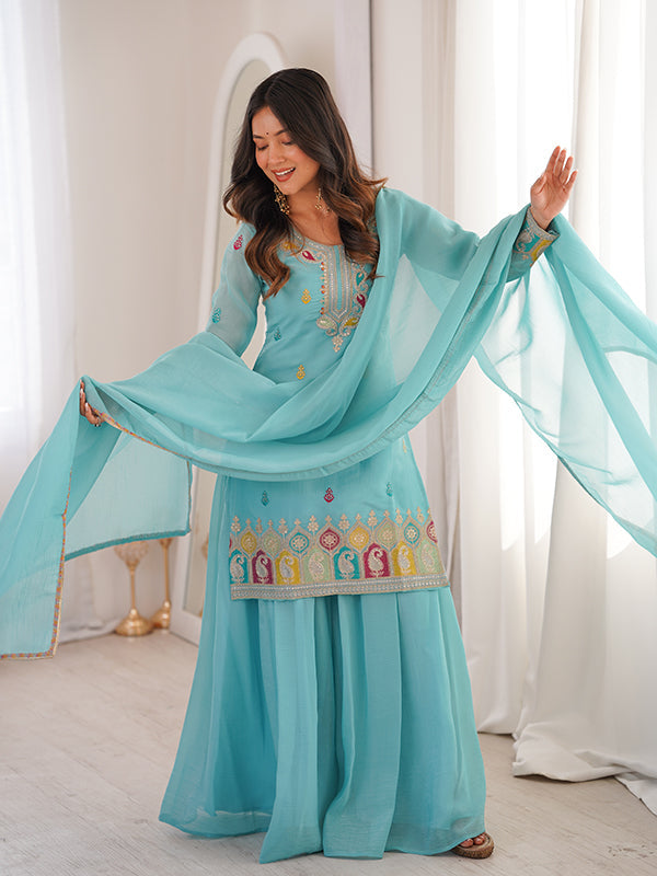 Sky Blue Thread Sequence Work Crunchy Silk Top Sharara With Dupatta