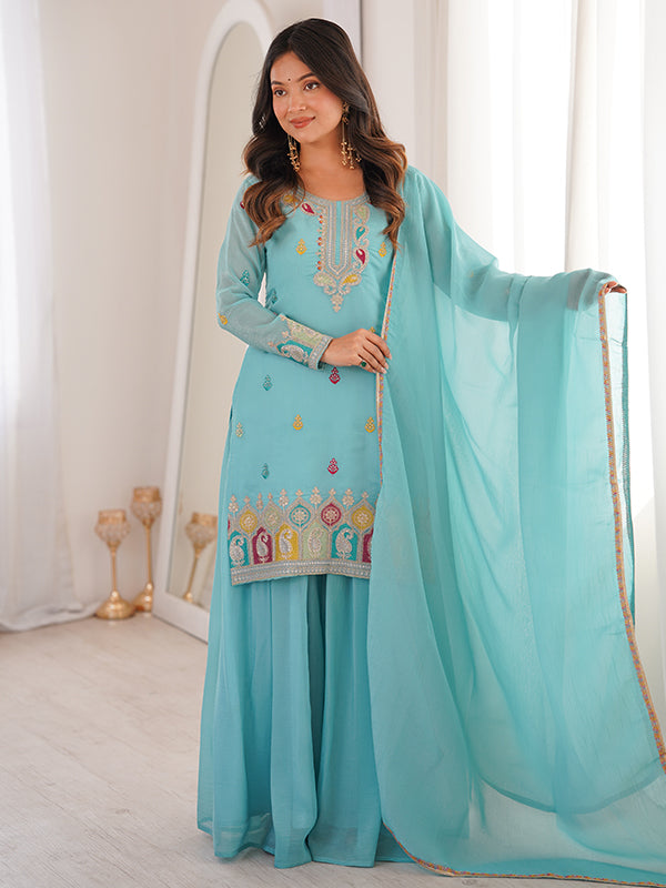 Sky Blue Thread Sequence Work Crunchy Silk Top Sharara With Dupatta