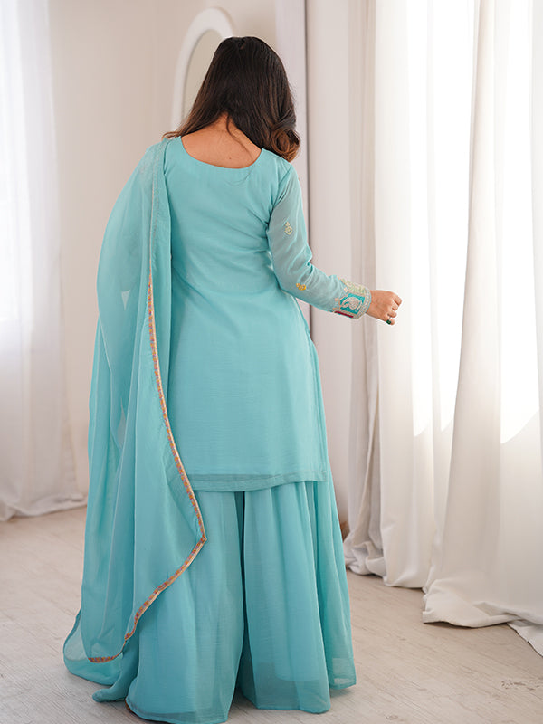 Sky Blue Thread Sequence Work Crunchy Silk Top Sharara With Dupatta