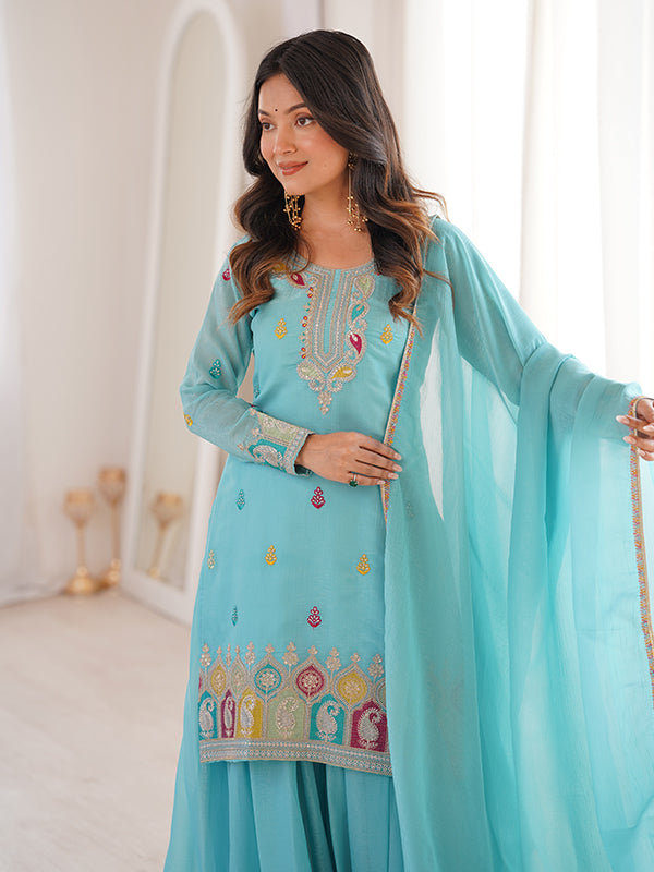 Sky Blue Thread Sequence Work Crunchy Silk Top Sharara With Dupatta