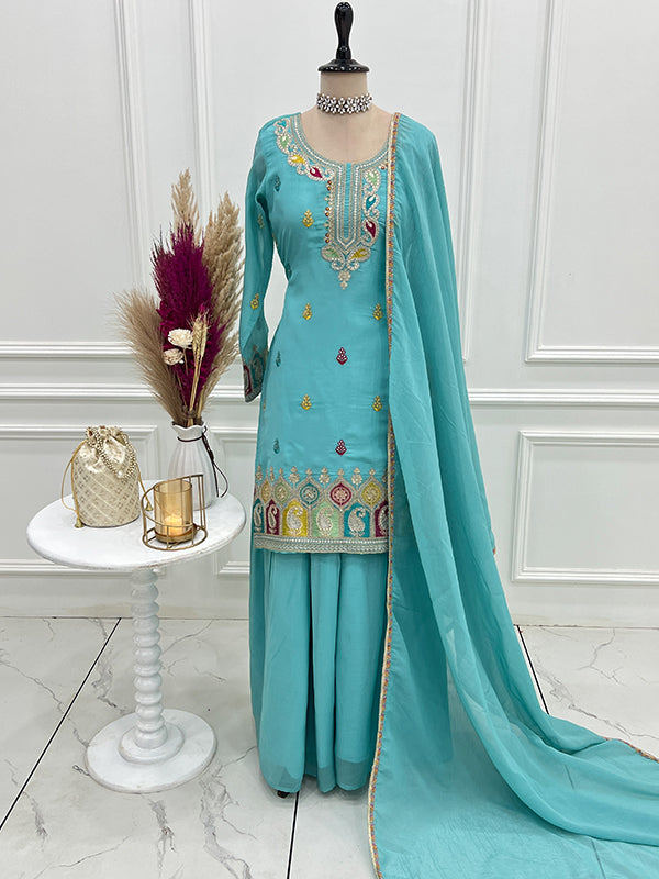 Sky Blue Thread Sequence Work Crunchy Silk Top Sharara With Dupatta