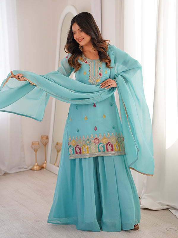 Sky Blue Thread Sequence Work Crunchy Silk Top Sharara With Dupatta