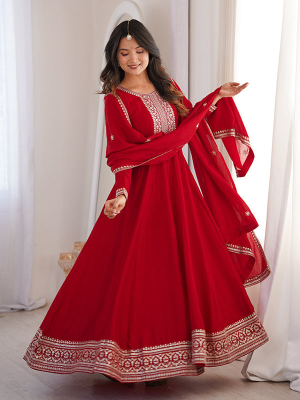 Dark Red Embroidery Sequence Work Vichitra Silk Anarkali Gown With Dupatta