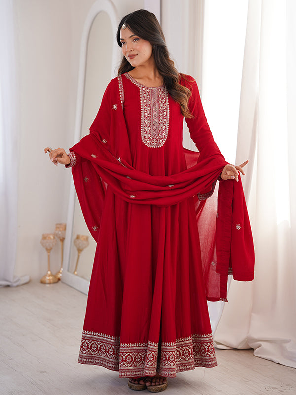Dark Red Embroidery Sequence Work Vichitra Silk Anarkali Gown With Dupatta