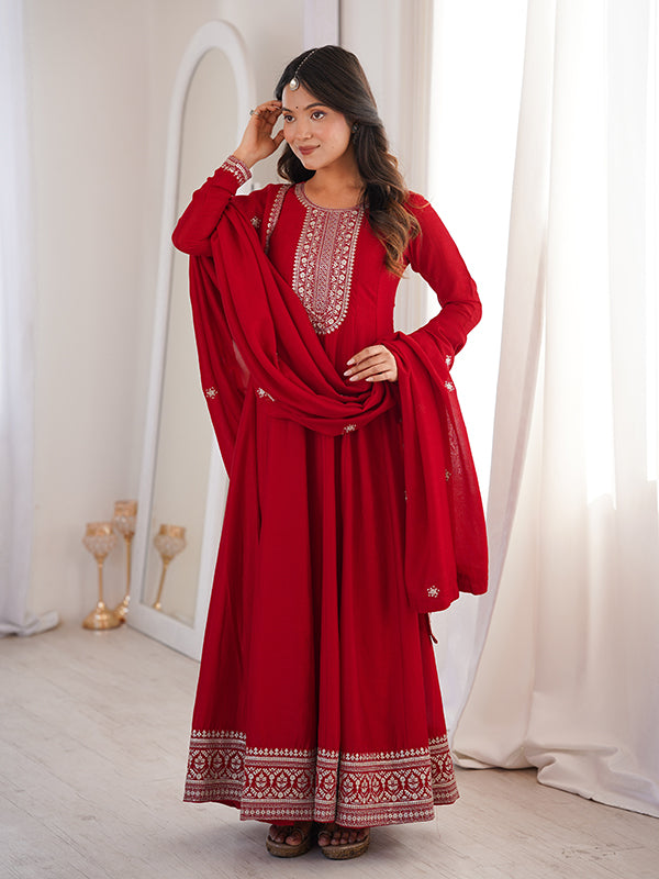 Dark Red Embroidery Sequence Work Vichitra Silk Anarkali Gown With Dupatta