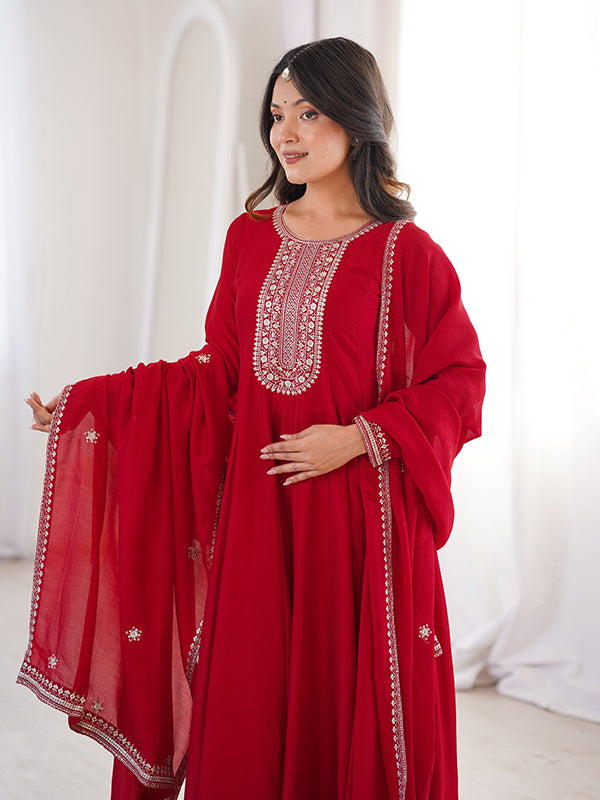 Dark Red Embroidery Sequence Work Vichitra Silk Anarkali Gown With Dupatta