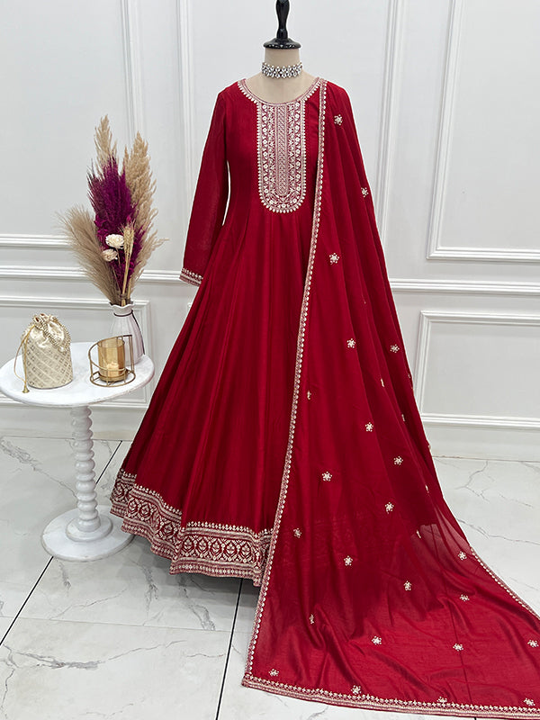 Dark Red Embroidery Sequence Work Vichitra Silk Anarkali Gown With Dupatta