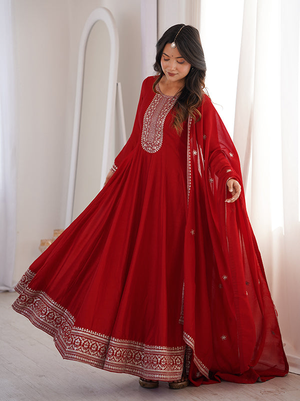 Dark Red Embroidery Sequence Work Vichitra Silk Anarkali Gown With Dupatta