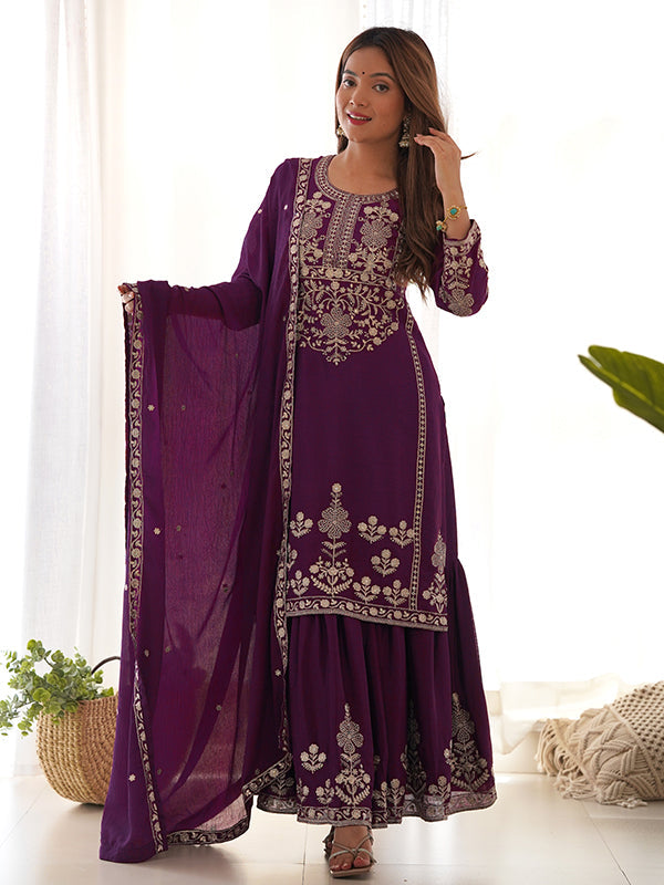 Wine Chinon Silk Embroidery Sequence Work Top Sharara With Dupatta