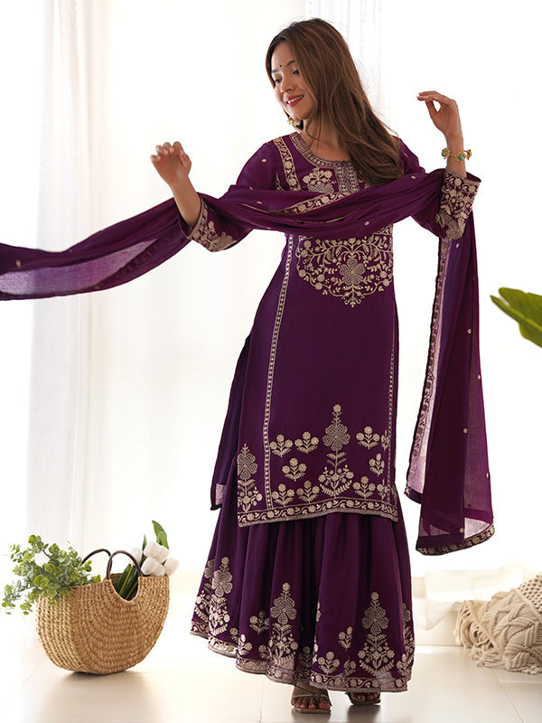 Wine Chinon Silk Embroidery Sequence Work Top Sharara With Dupatta