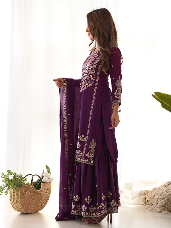 Wine Chinon Silk Embroidery Sequence Work Top Sharara With Dupatta