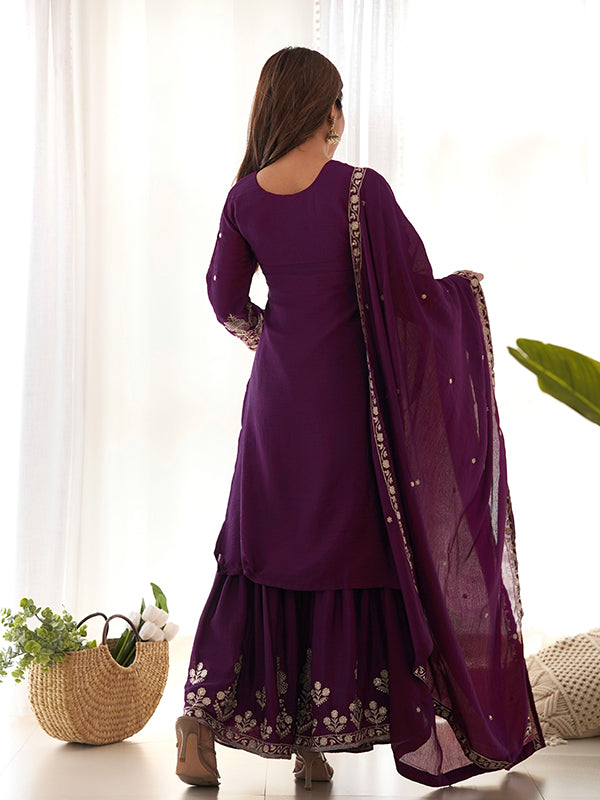 Wine Chinon Silk Embroidery Sequence Work Top Sharara With Dupatta