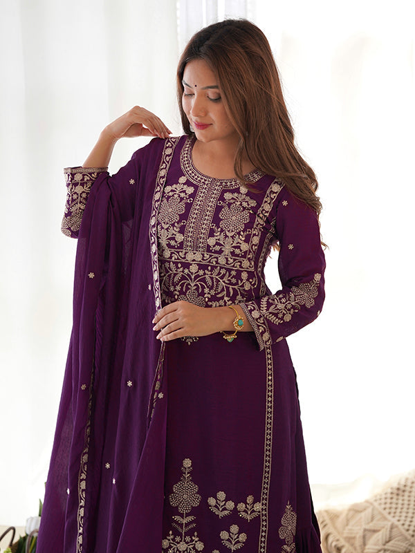 Wine Chinon Silk Embroidery Sequence Work Top Sharara With Dupatta