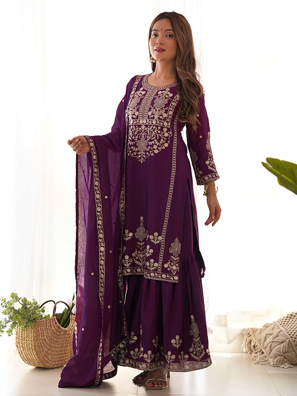 Wine Chinon Silk Embroidery Sequence Work Top Sharara With Dupatta