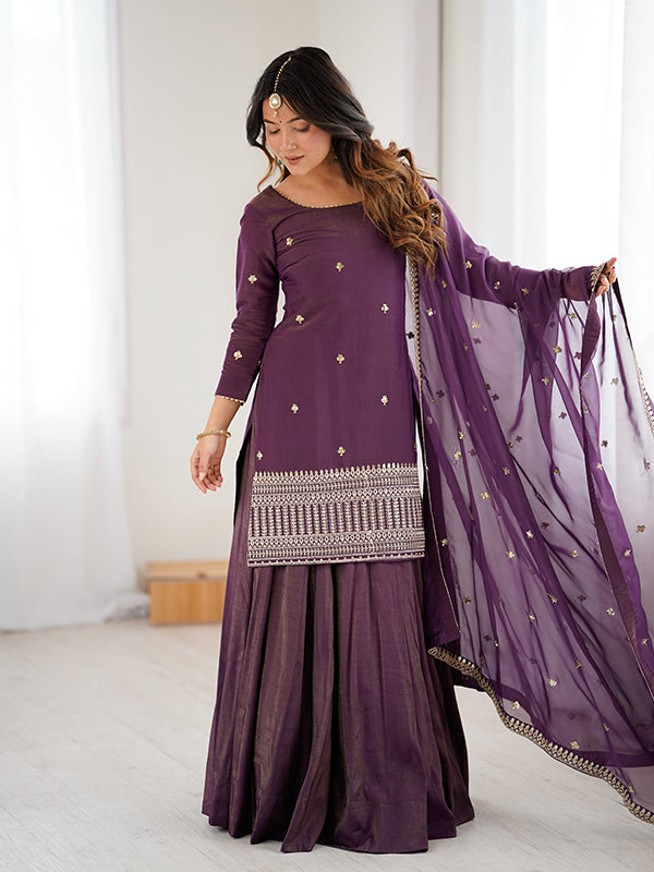 Purple Embroidery Sequence Work Shimmer Chanderi Silk Top Lehenga With Dupatta