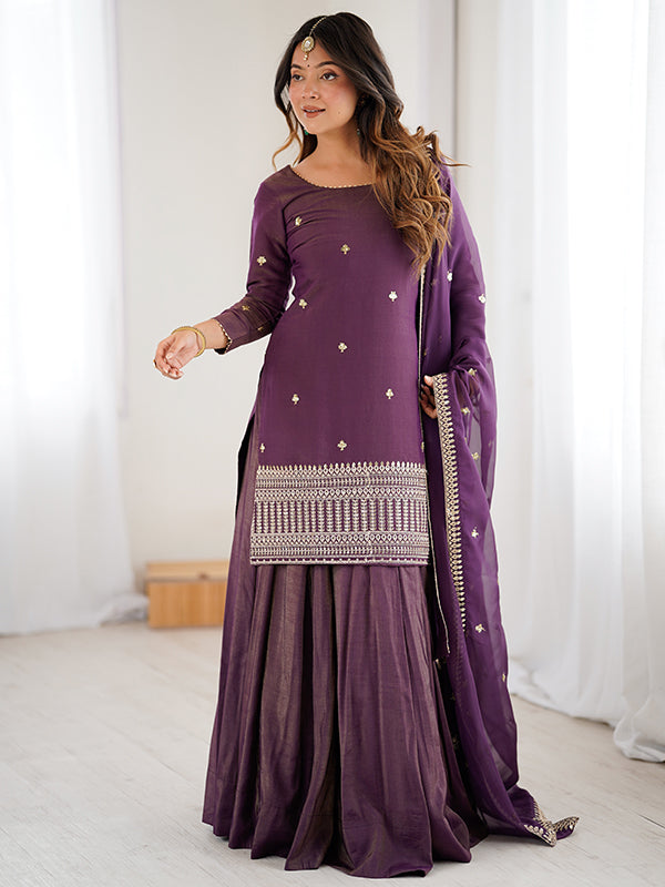 Purple Embroidery Sequence Work Shimmer Chanderi Silk Top Lehenga With Dupatta