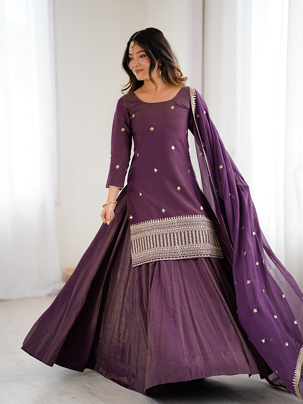 Purple Embroidery Sequence Work Shimmer Chanderi Silk Top Lehenga With Dupatta