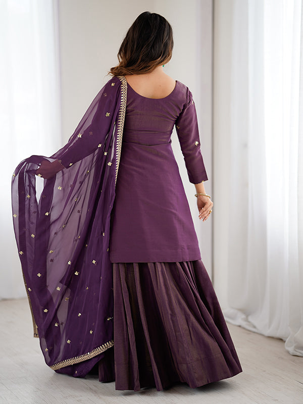 Purple Embroidery Sequence Work Shimmer Chanderi Silk Top Lehenga With Dupatta