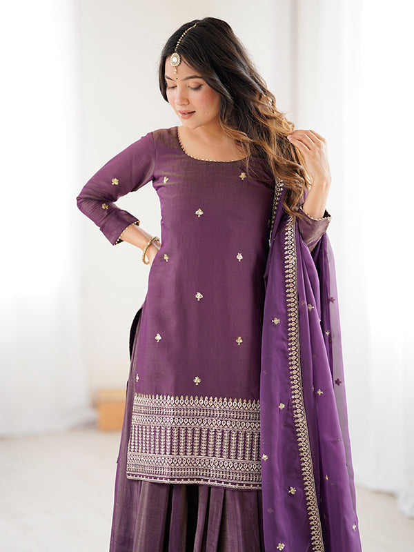 Purple Embroidery Sequence Work Shimmer Chanderi Silk Top Lehenga With Dupatta
