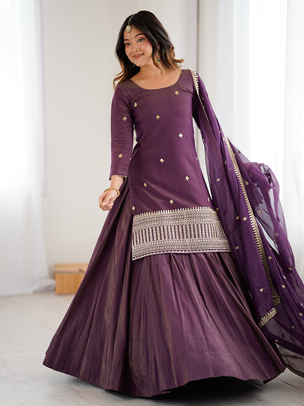 Purple Embroidery Sequence Work Shimmer Chanderi Silk Top Lehenga With Dupatta