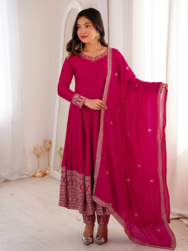 Dark Pink Jari Sequence Work Vichitra Silk Anarkali Gown With Dupatta