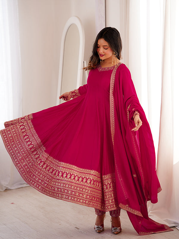 Dark Pink Jari Sequence Work Vichitra Silk Anarkali Gown With Dupatta