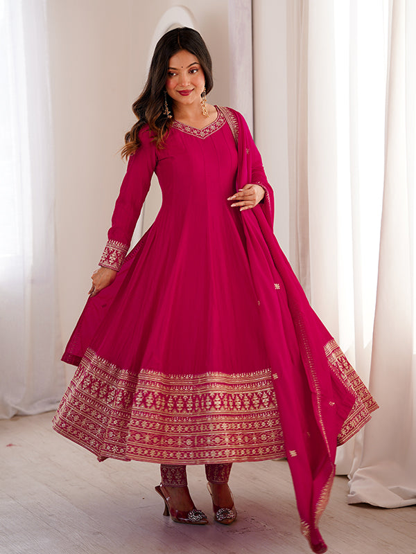 Dark Pink Jari Sequence Work Vichitra Silk Anarkali Gown With Dupatta