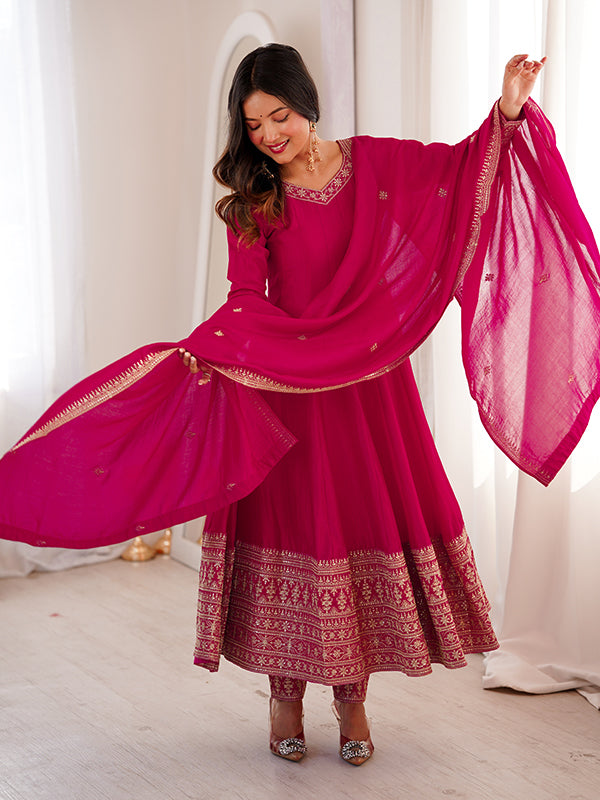 Dark Pink Jari Sequence Work Vichitra Silk Anarkali Gown With Dupatta