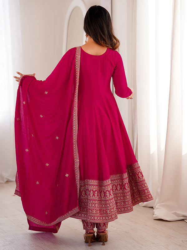 Dark Pink Jari Sequence Work Vichitra Silk Anarkali Gown With Dupatta